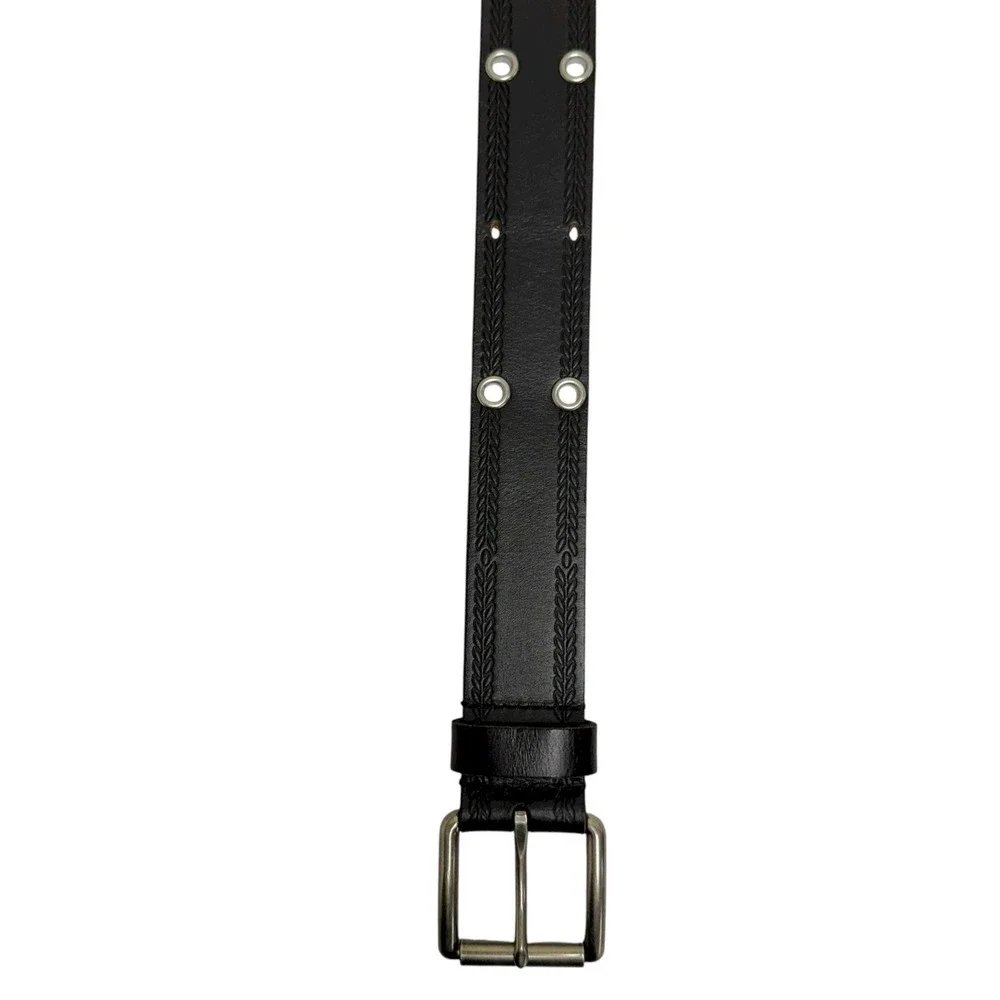 Lucky Brand Men's Size 34 Black Leather Belt Grommet And‎ Embossed Detail NWT